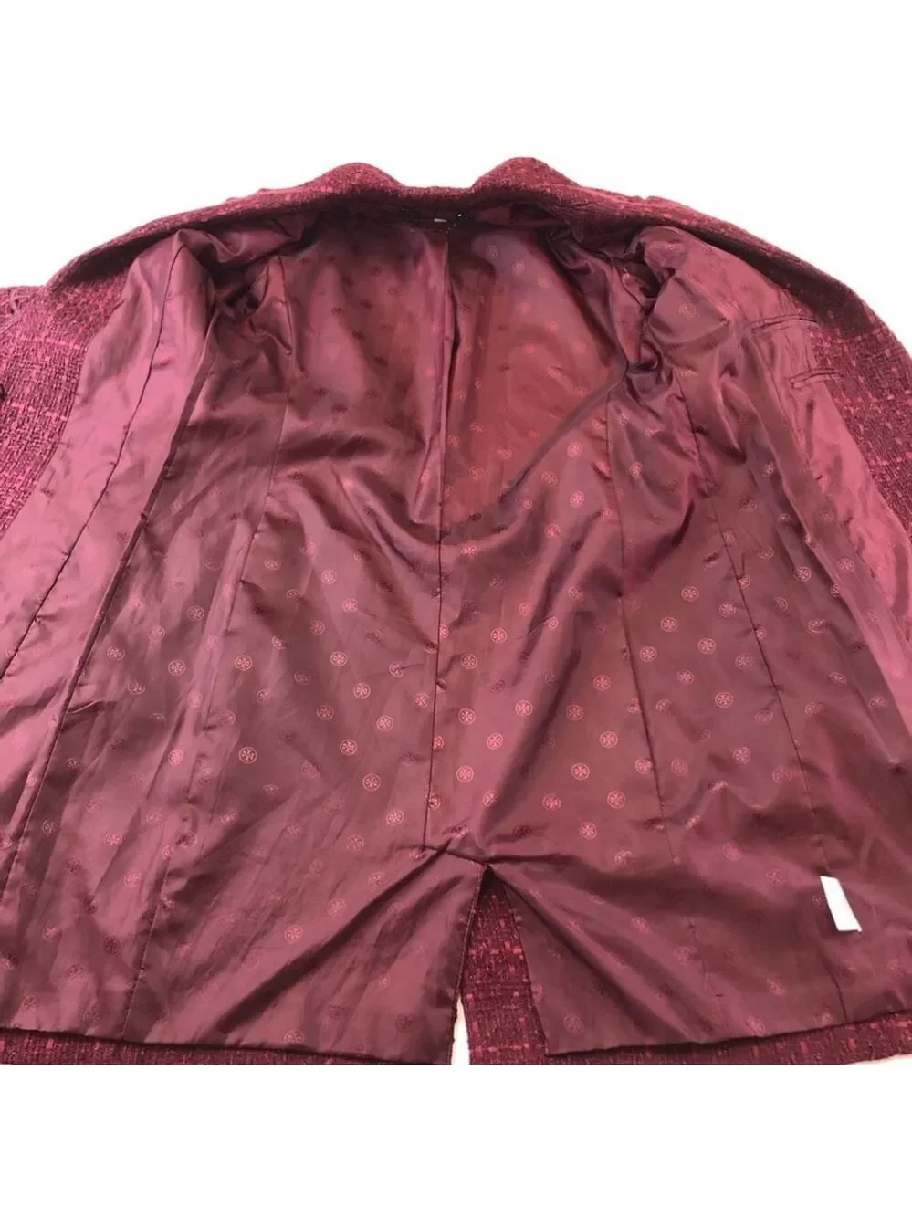 Tory Burch Patsy Glazed Tweed dark plum long line coat Size 2 appliqué embellish